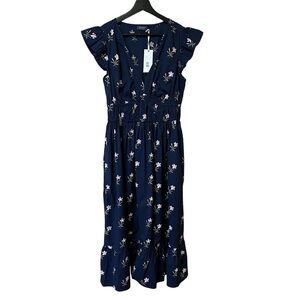 Vineyard Vines Poplin Floral Flutter Sleeve Midi Dress Navy Blue Small NWT